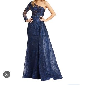 Mac Duggal embellished sheath one shoulder/sleeve evening dress navy blue size 2